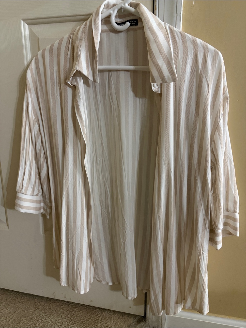 SHEIN Beige and White Vertical Stripe Open Cardigan